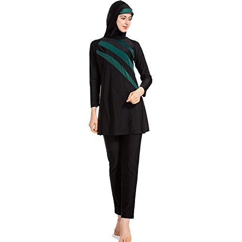 Grsafety Mujeres Musulmanas Traje de baño - 3 Piezas Modeste Burkini Completa Muslim Swimwear con Hijab Burqini Beachwear Tankini, Negro-Verde, 2XL
