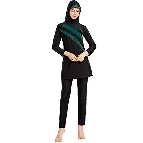 Grsafety Mujeres Musulmanas Traje de baño - 3 Piezas Modeste Burkini Completa Muslim Swimwear con Hijab Burqini Beachwear Tankini, Negro-Verde, 2XL