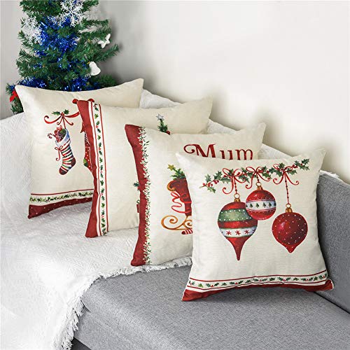 Gspirit 4 Pack Retro Navidad Algodón Lino Throw Pillow Case Funda de Almohada para Cojín 45x45 cm