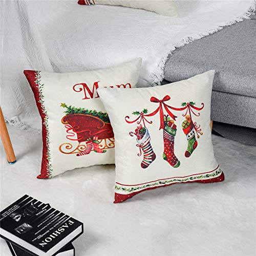 Gspirit 4 Pack Retro Navidad Algodón Lino Throw Pillow Case Funda de Almohada para Cojín 45x45 cm