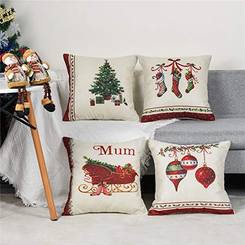 Gspirit 4 Pack Retro Navidad Algodón Lino Throw Pillow Case Funda de Almohada para Cojín 45x45 cm