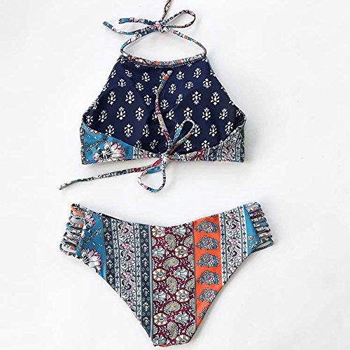 GTKC Mujeres Trajes De Baño Vintage Floral Impresión Reversible Bikini Halter Cuello Alto Swimwear Verano Playa Azul Tamaño L