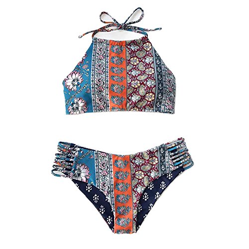GTKC Mujeres Trajes De Baño Vintage Floral Impresión Reversible Bikini Halter Cuello Alto Swimwear Verano Playa Azul Tamaño L