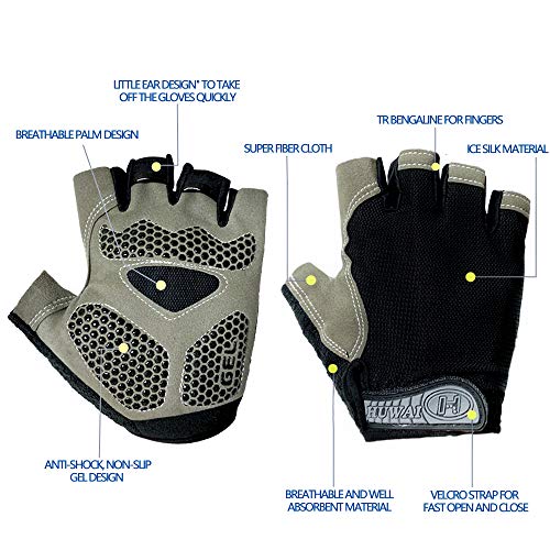 Guantes de Ciclismo MTB Guantes de Bici de Carretera de Medio Dedo, Guantes Deportivos para Gimnasio Moto Entrenamiento, Antideslizantes Guantes Transpirables Verano para Hombre y Mujer, Negro-M