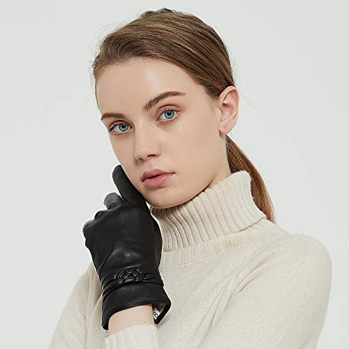 Guantes de piel de oveja genuina para mujer, cálidos de invierno para pantalla táctil, con forro de cachemira