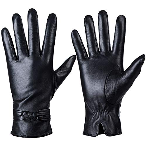 Guantes de piel de oveja genuina para mujer, cálidos de invierno para pantalla táctil, con forro de cachemira