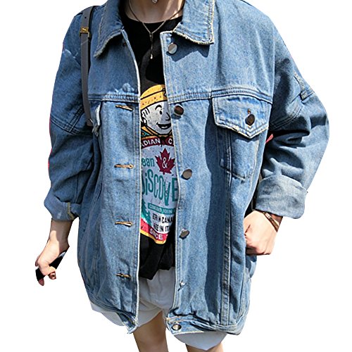 Guiran Mujer Manga Larga Vintage Boyfriend Suelto Chaquetas De Mezclilla Oversize Rotos Cazadora Vaquera Azul Claro XL