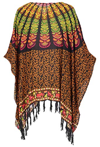 GURU SHOP Caftán, estilo Ibiza, blusa maxi para mujer, túnica de playa, color blanco, sintética, talla única, blusa y túnica, ropa alternativa negro / naranja Tallaúnica