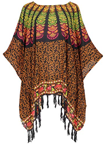 GURU SHOP Caftán, estilo Ibiza, blusa maxi para mujer, túnica de playa, color blanco, sintética, talla única, blusa y túnica, ropa alternativa negro / naranja Tallaúnica