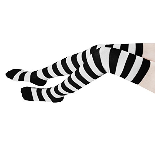 HABI - 1 par de medias largas de rayas para mujer por encima de la rodilla en azul, rosa y blanco Negro Talla única