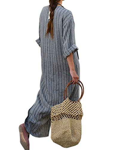 HAHAEMMA Señoras Vestidos Vestido Maxi Vestido Suelto Manga Larga Retro Lino Algodón Vestidos Largos Blusa Elegante Ancho Casual Vestidos de Verano Señoras Más El Tamaño(GY,M)