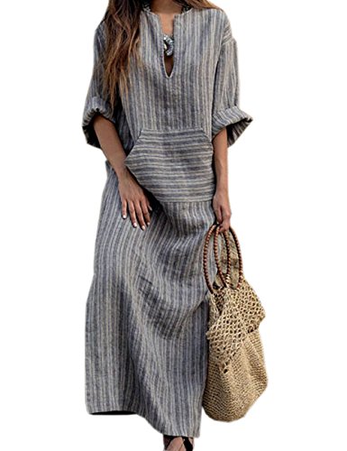 HAHAEMMA Señoras Vestidos Vestido Maxi Vestido Suelto Manga Larga Retro Lino Algodón Vestidos Largos Blusa Elegante Ancho Casual Vestidos de Verano Señoras Más El Tamaño(GY,M)