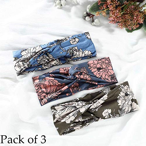Handcess Boho Yoga Turbante Elástica Flor Criss Cruz, Elegante Impreso para Mujeres y Niñas (Paquete de 3)