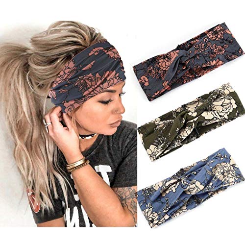 Handcess Boho Yoga Turbante Elástica Flor Criss Cruz, Elegante Impreso para Mujeres y Niñas (Paquete de 3)