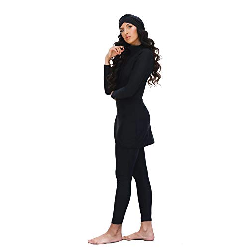 HaoFan - Traje de baño Musulman Modeste - Conjunto de burkini para mujer, conjunto de pantalones de hijab cobertura completa de secado rápido, elástico, protección solar UPF 50+ Negro XL