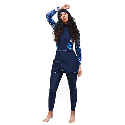 HaoFan - Traje de baño Musulman Modeste - Conjunto de burkini para mujer, conjunto de pantalones de hijab cobertura completa de secado rápido, elástico, protección solar UPF 50+ azul XL