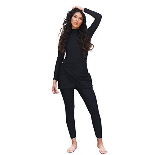 HaoFan - Traje de baño Musulman Modeste - Conjunto de burkini para mujer, conjunto de pantalones de hijab cobertura completa de secado rápido, elástico, protección solar UPF 50+ Negro M