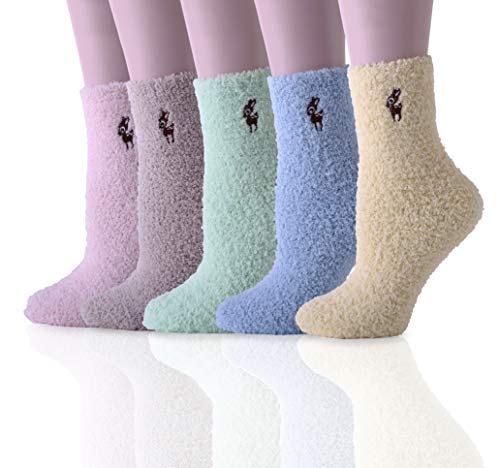 HapiLeap - Calcetines de microfibra súper suaves para mujer, mullidos y cálidos, ideales para el invierno y para estar por casa, 5 pares Estilo B (Ciervo) Talla única
