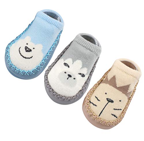 Happy Cherry 3Pcs Calcetines Prewalker para Recien Nacido Antideslizante Zapatillas de Piso Estampado Dibujo Animado Algodón 11cm 0-6 Meses Gris