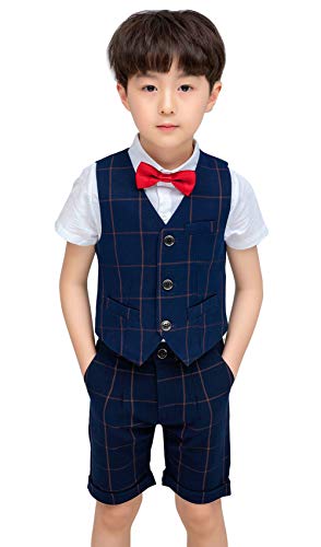 Happy Cherry - Traje Bebé Niños para Fiesta Boda Ropa Elegante de Bautizo Ceremonia Chaleco con Camisa Pantalones Cortos para Bebés Infantiles - 5-6 Años - Azul
