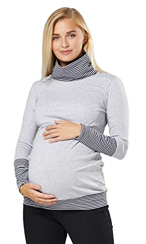 Happy Mama. Mujer Sudadera Cuello Chimenea Panel de la Lactancia Premamá. 348p (Gris & Armada Rayas, 42-44, 2XL)