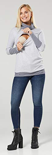 Happy Mama. Mujer Sudadera Cuello Chimenea Panel de la Lactancia Premamá. 348p (Gris & Armada Rayas, 42-44, 2XL)
