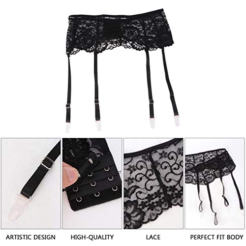 Happyyami Medias de Liguero de Encaje Medias de Nailon para Mujer Ropa Interior de Encaje Sensual con Hebilla Ajustable para Pareja Disfraz de Juego de Roles Regalos de Esposa (Negro)