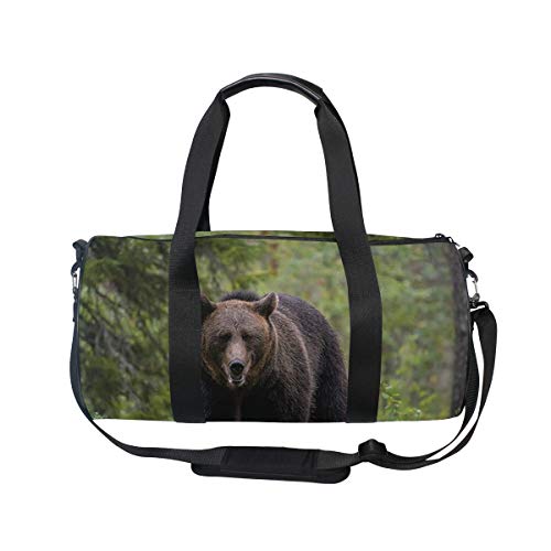 HARXISE Animal oso pardo en el bosque de taiga，Bolsa de equipaje de viaje Deporte Lienzo ligero Equipaje de fitness Bolso de tambor Desmontable