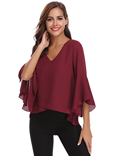Hawiton Blusas de Gasa para Mujer Elegante Camisetas 3/4 Manga Cuello V Acampanadas Camisa Tops para Primavera Verano Otoño