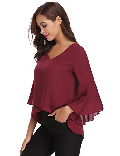 Hawiton Blusas de Gasa para Mujer Elegante Camisetas 3/4 Manga Cuello V Acampanadas Camisa Tops para Primavera Verano Otoño