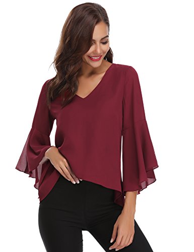 Hawiton Blusas de Gasa para Mujer Elegante Camisetas 3/4 Manga Cuello V Acampanadas Camisa Tops para Primavera Verano Otoño