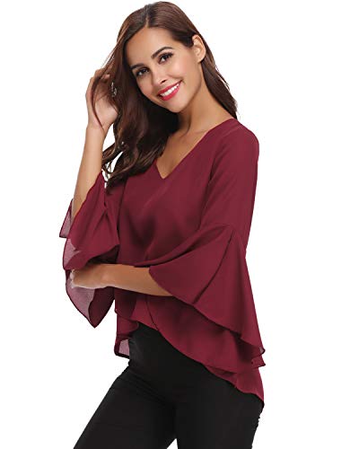 Hawiton Blusas de Gasa para Mujer Elegante Camisetas 3/4 Manga Cuello V Acampanadas Camisa Tops para Primavera Verano Otoño