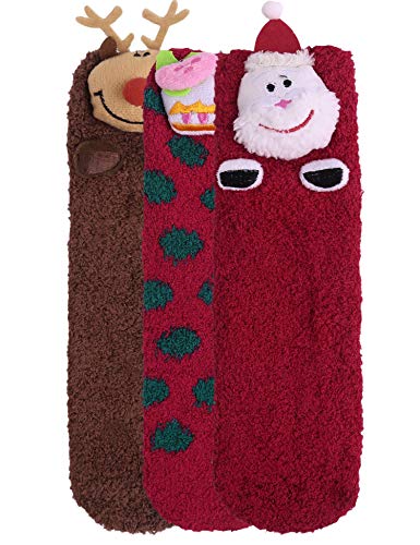 Hawiton Calcetines Navidad Dibujos de Santa Claus, Calcetines divertidos Originales Invierno Calcetines de Felpa Cálidos Calcetines Madre-niñas, 3 Pares