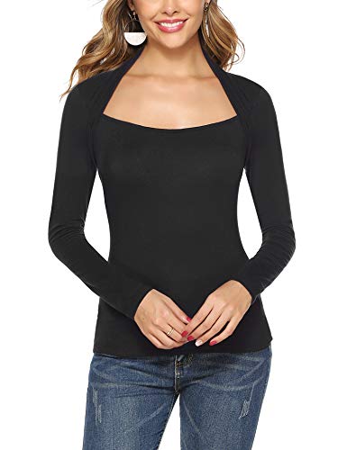 Hawiton Camiseta Manga Larga para Mujer Algodon Elegant Camisetas Cuello de Barco Ajustado Blusas Tops para Primavera,Otoño,Invierno