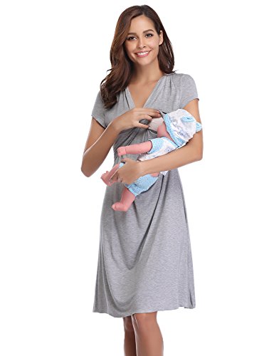 Hawiton Camisón Lactancia Pijama Embarazada Algodón Ropa para Dormir Premamá Manga Corta Hospital Verano (Large, Gris)
