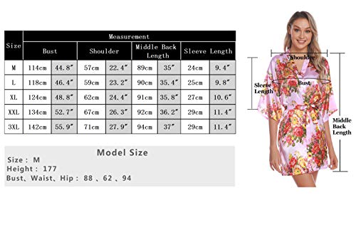 Hawiton Kimono Mujer Bata Saten,Sexy Flores Camisón de Manga Corta de Seda,Bata de Novia Albornoces, japones Vestido Novia Bolsillos Pijamas Verano