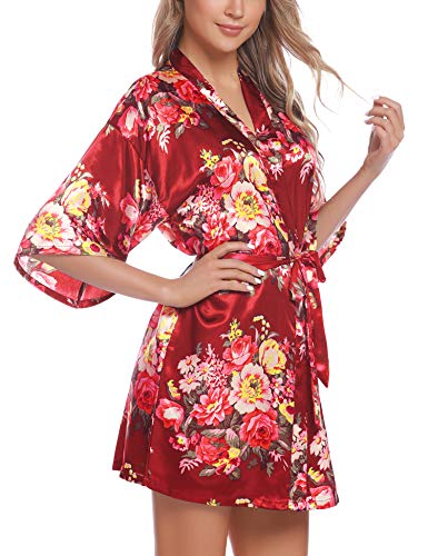 Hawiton Kimono Mujer Bata Saten,Sexy Flores Camisón de Manga Corta de Seda,Bata de Novia Albornoces, japones Vestido Novia Bolsillos Pijamas Verano
