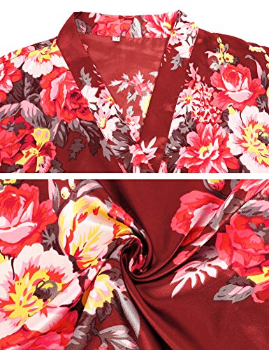 Hawiton Kimono Mujer Bata Saten,Sexy Flores Camisón de Manga Corta de Seda,Bata de Novia Albornoces, japones Vestido Novia Bolsillos Pijamas Verano