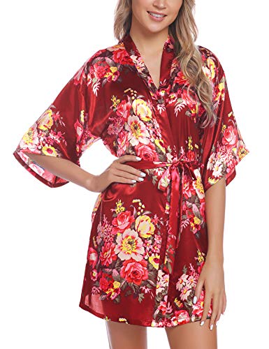 Hawiton Kimono Mujer Bata Saten,Sexy Flores Camisón de Manga Corta de Seda,Bata de Novia Albornoces, japones Vestido Novia Bolsillos Pijamas Verano