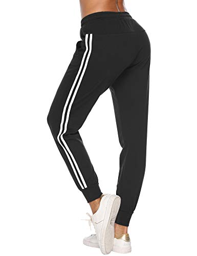 Hawiton Pantalon Chandal Mujer Largos Pantalones de Deporte Yoga Fitness Jogger Pantalones de Punto de Rayas (1#Negro, Medium)