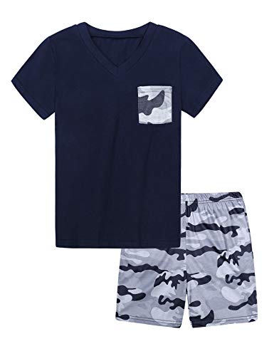 Hawiton Pijama niño Verano Corto,Ropa de Dormir de Camuflaje de Manga Corta, para 4-5 años, Camiseta con Bolsillo en el Pecho y Pantalones Corta 2 Piezas