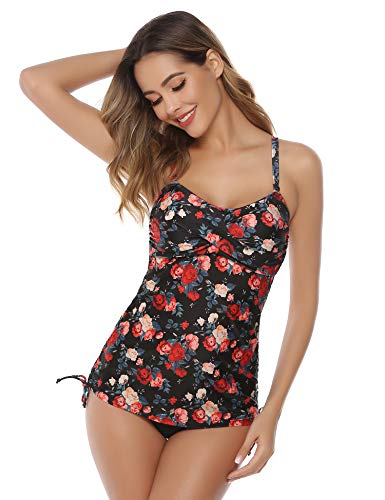 Hawiton Tankini para Mujer Traje de Baño de Dos Piezas Tirantes Ajustables Tops Tankini con Breifs, Diseño de Flores Bañadores para Playa, Piscina, Vacaciones