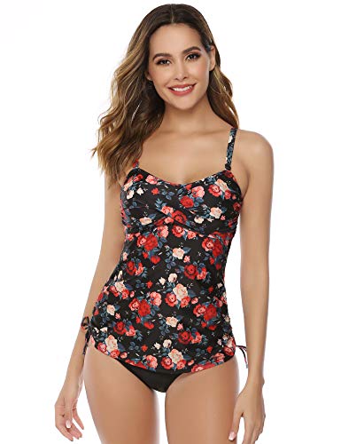 Hawiton Tankini para Mujer Traje de Baño de Dos Piezas Tirantes Ajustables Tops Tankini con Breifs, Diseño de Flores Bañadores para Playa, Piscina, Vacaciones
