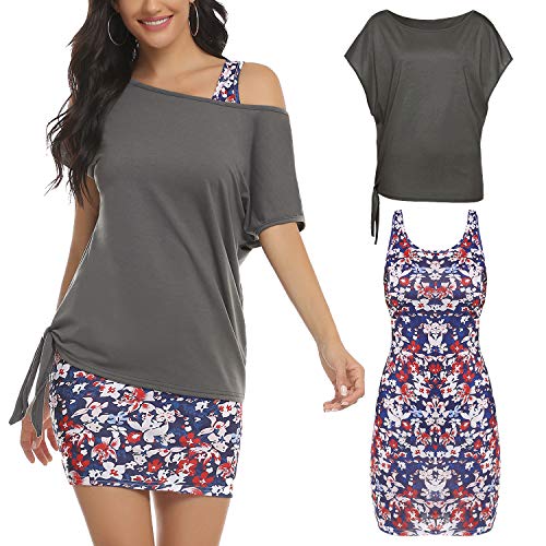 Hawiton Vestido Lápiz para Mujer 2 en 1 Casual Fuera del Hombro Camisetas con Retro Estampado Vestido Mini Playa