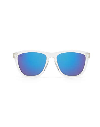 HAWKERS Gafas de Sol, Hombre y Mujer, con Montura Transparente y Lente Azul con Efecto Espejo, Protección UV400, Air · Sky TR18, One Size Unisex-Adult