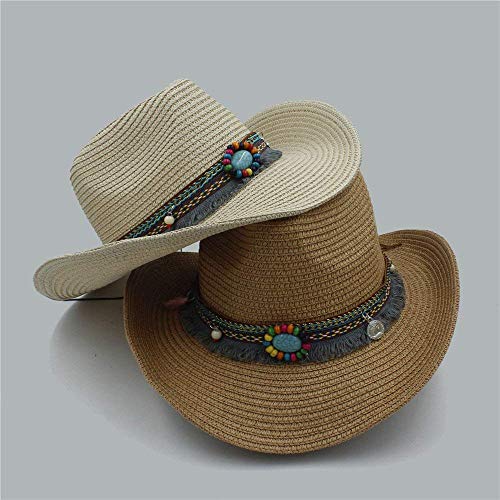 Hecho A Mano Verano Mujer Hombre Verano Paja Ocasional De Playa Sombrero para El Sol Hollow Western Cowboy Hat Western Word Cowgirl Jazz Cap (Color: 1: 58Cm) (Color : 1, Size : 58CM)