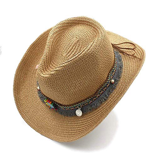 Hecho A Mano Verano Mujer Hombre Verano Paja Ocasional De Playa Sombrero para El Sol Hollow Western Cowboy Hat Western Word Cowgirl Jazz Cap (Color: 1: 58Cm) (Color : 1, Size : 58CM)