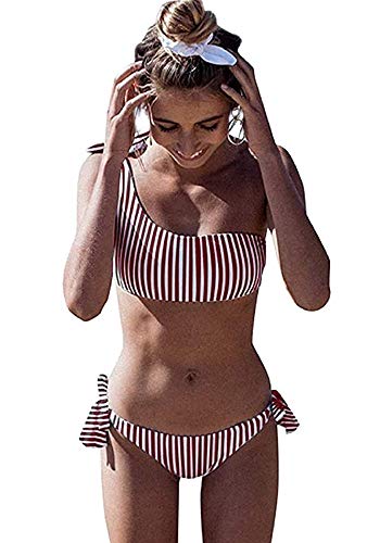 heekpek Bikini a Rayas Mujer Top Push Up Relleno Braga con Lazos Traje de Baño Playero Bañador de 2 Piezas Biquini Playa Tallas Grandes