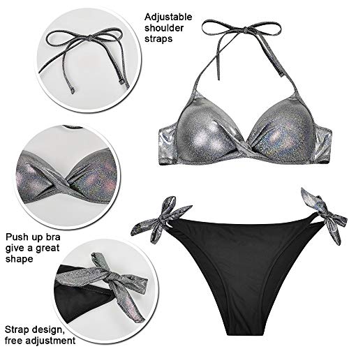 heekpek Bikini con Lentejuelas Top Push Up Halter Braga con Lazos para Mujer