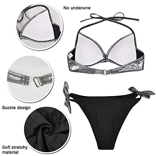 heekpek Bikini con Lentejuelas Top Push Up Halter Braga con Lazos para Mujer